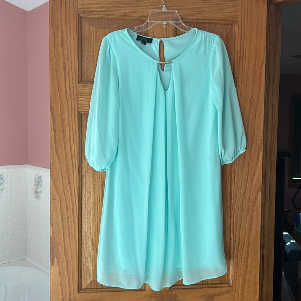 BCX size Medium. Aqua blue dress, slip with sheer overlay